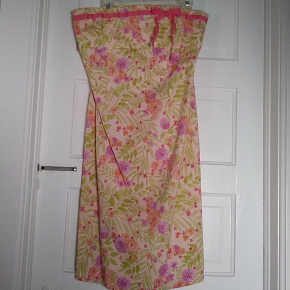 Orange Tropical Floral Palm Print Strapless Dress
